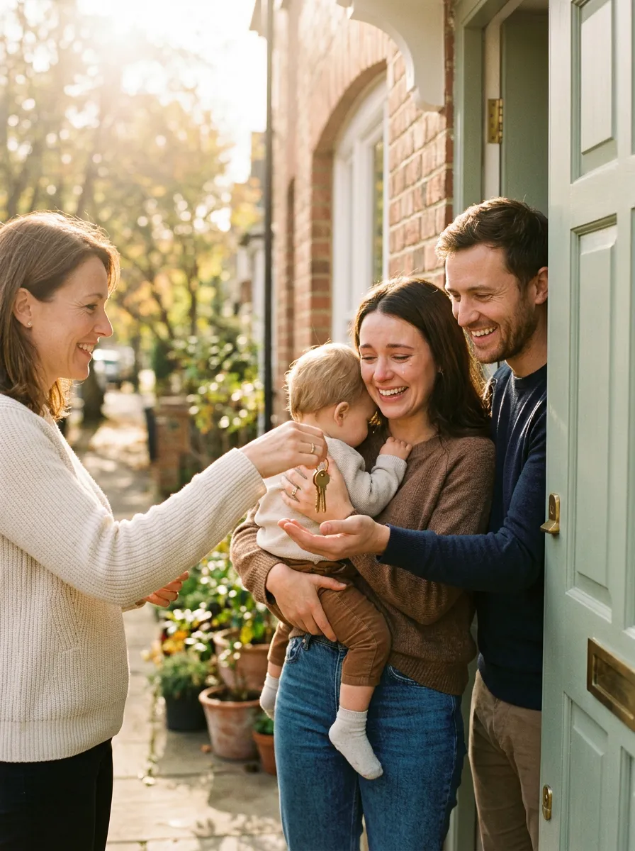 Agent handing keys to a beaming young family at their new front door